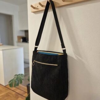 Bolso Grande de Pana Velour Negro Hecho a Mano - Gran Capacidad Universidad