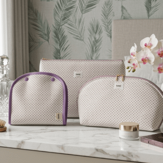 Kit de 3 Piezas Artesanal en Algodón OEKO-TEX – Neceser Cuadrado + Bolsa Plegable ​Modelo Lunares